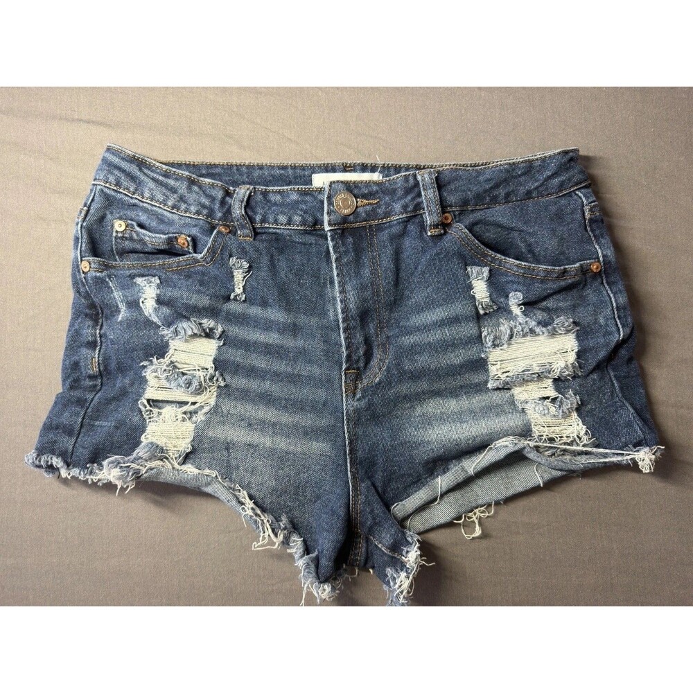 Almost Famous Women's Distressed Denim Shorts Size 11 Blue Frayed Raw Hem Festiv